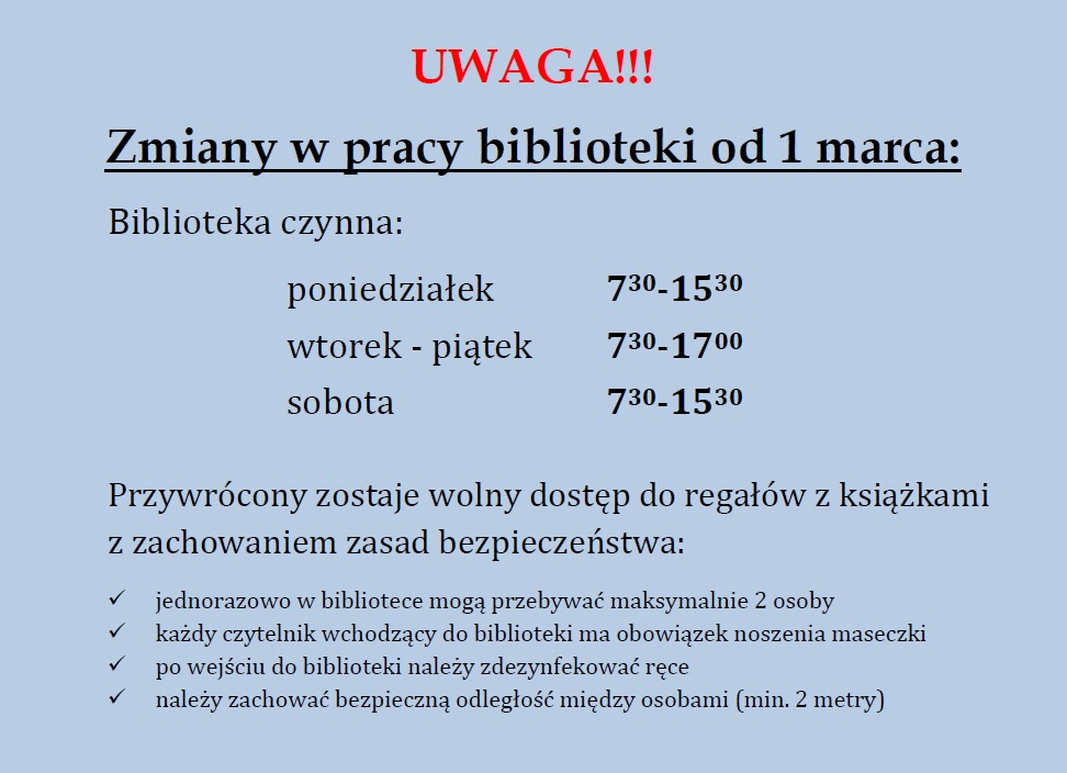 Uwaga – zmiana godzin pracy biblioteki