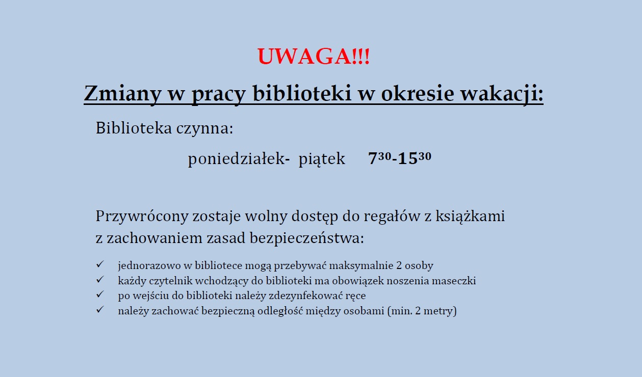 Zmiany czasu pracy biblioteki w okresie wakacyjnym