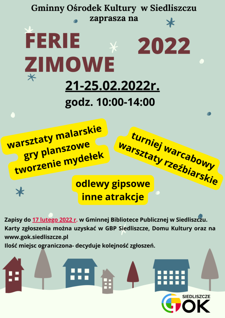 grafika przedstawia malowane domi przepalane drzewami na zielonym tle oraz informacje o ofercie zajęć na ferie w domu kultury