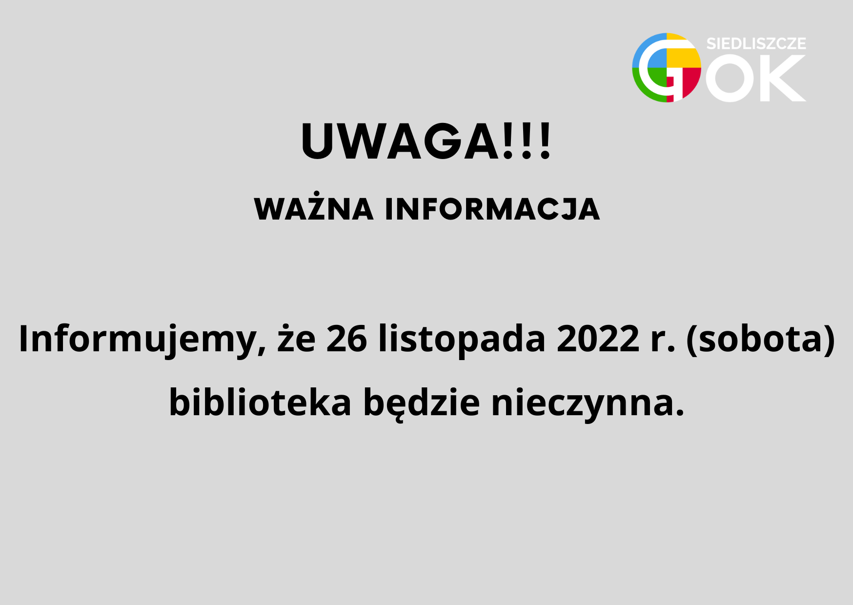 Uwaga! Biblioteka nieczynna 26 listopada