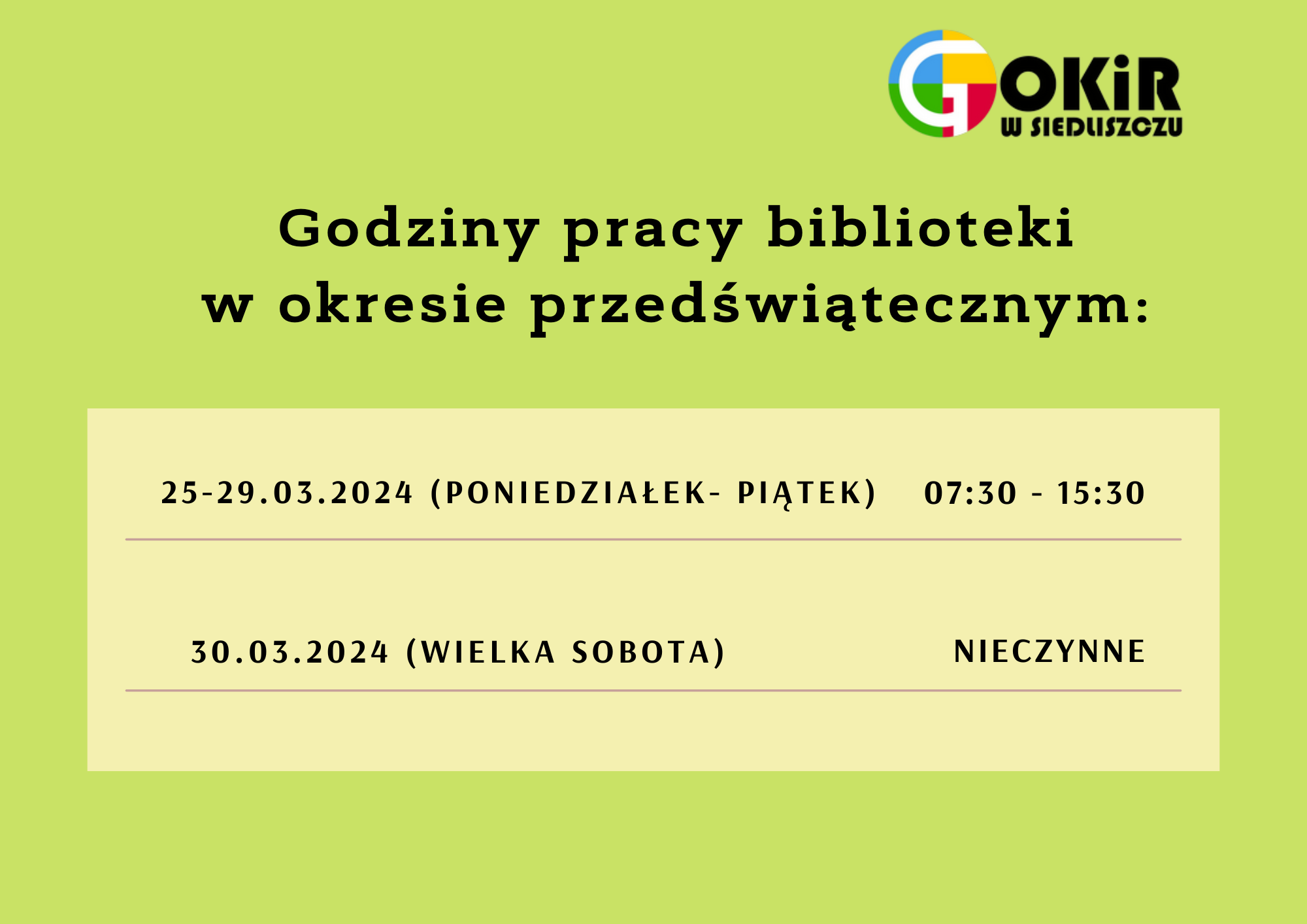 Zmiana godzin pracy GBP im. W. Iwaniuka w Siedliszczu